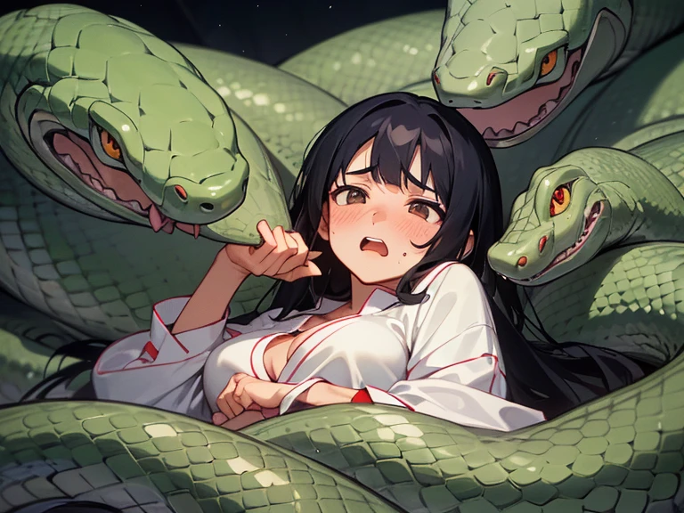1girl, solo, (17-year-old), dark hair, long hair, bedroom bed in background, pajamas, white pajamas, (exposed breasts:1.0), sitting, spread my legs, (large breasts), cute,shy, blush, parted lips, (snakes 1.5),(surrounded by snakes), (anaconda), (big snake), (coiled snake:1.0),coils, (Snakes entangled with girls:1.0),night, looking away, (face to face:1.0), flustered face, surprised face ,wet skin, steam, cinematic angle, best quality,detailed,high resolution,
