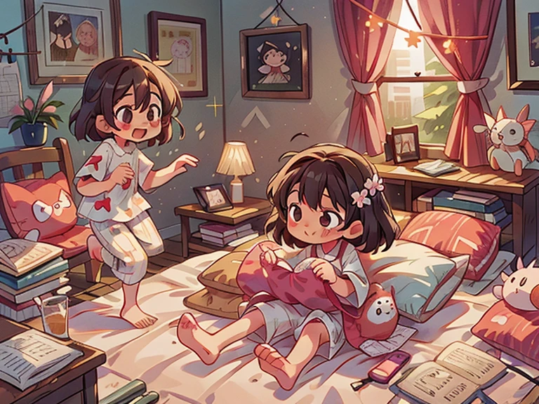 morning,Mom came to the bedside,Gentle,Waking up sleeping cute little girl,happy,Smile,Pixar style, best quality, stills,