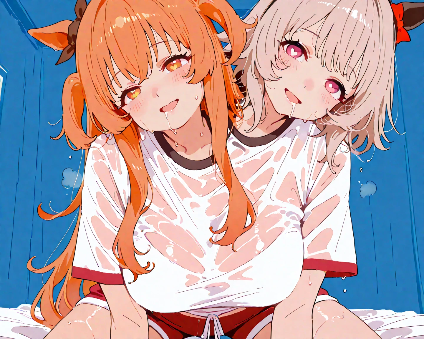 Two Women, Asuka Shikinami and Rei Ayanami, Having anal sex outdoors、Anal Release, smile, excited, incontinence, Double Peace Sign