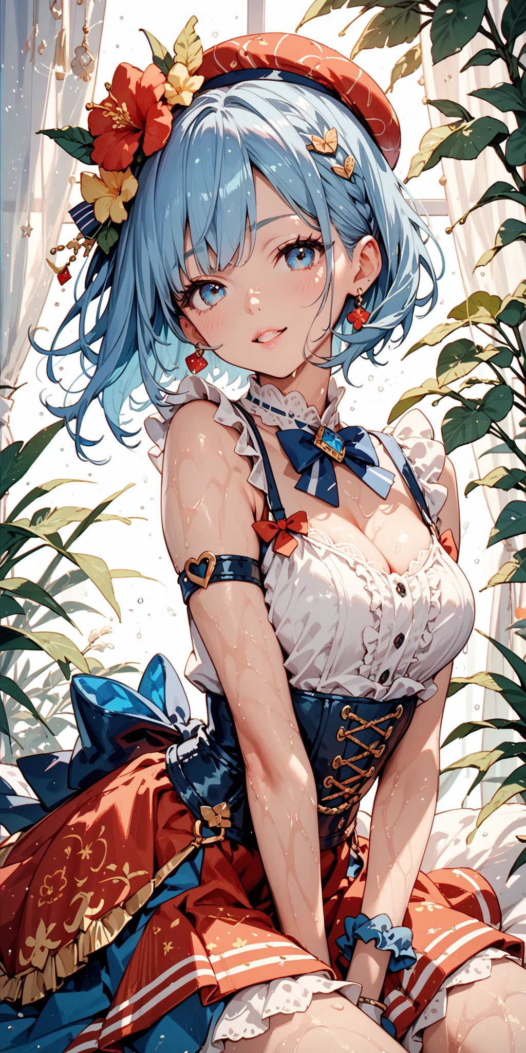 masutepiece, of the highest quality, Ultra high definition, max resolution, Very detailed, Clean skin, , emphasizing breasts、, Full body, Colossal tits, slender, Very cute, Young Face, 18 year old girl, Purple eyes, Short bob hair, pale blue hair,, Braided hair, Lying down, wide open legs, Raised legs, Flipping Clothes With Hands, Twisting Clothes With Hands, Semi-undressing, Wet clothes, Wet body, Light-skinned clothing, clothes with visible chest tips, Sweat, breasts protruding from clothes, thin clothes, Under the breasts, Embarrassing, blush, Show off, cleavage, crotch shows through, Areola see-through, White liquid