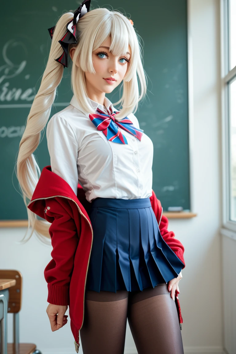 realistic, High resolution, soft light,1 female, alone, waist rises high, (detailed face),colorful hair、shortcut,wear,long hair、(ponytail)、((Upskirt))(hyperrealistic), (high resolution), (8K), (extremely detailed), (best illustration), (beautiful detailed eyes), (best quality), (super detailed), (masterpiece), (wallpaper), (detailed face), solo, (dynamic pose), 1 girl, white wavy hair, European , heterochromic eyes, ((apron)), big breasts, long legs, tightens abs, (camel toes), (black stockings), (thick lips), (red suit, shirt, red jacket, red tight skirt, black pantyhose), standing proudly in front of the blackboard, classroom, professional lighting