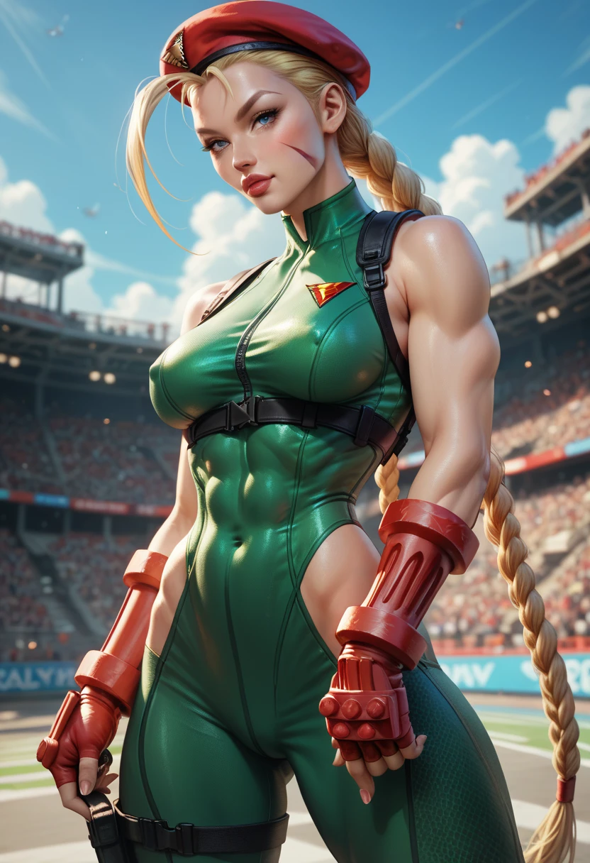 <lora:cammy_white:0.8>,cammy_white,1girl,solo,smirk,green leotard,beret,fighting stance,Dark red,gray,and black colors,vibrant colors,(summer, sunny weather:1.3),medium intensity lighting,(Soft focus:1.1),(acclaimed, alluring, captivating, exciting, gorgeous, striking:1.1),(ultra realistic, sharp focus:1.1),<lora:GoodHands-beta2:1>,