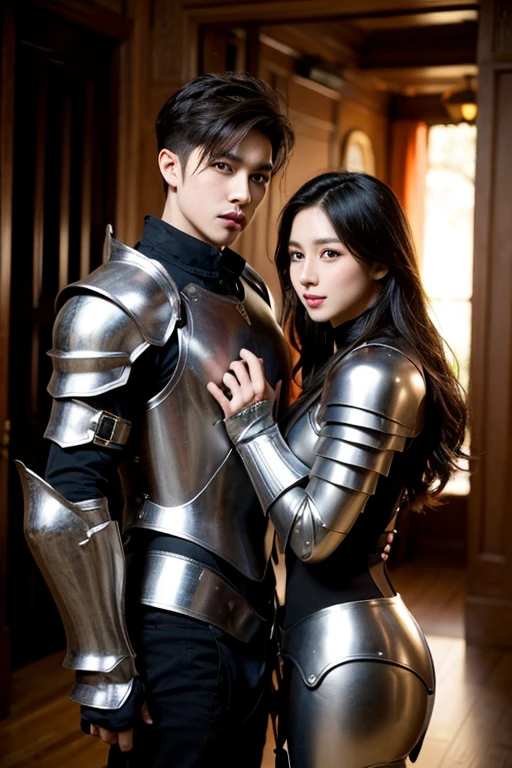 Cute 18 years old boy and girl. Feminine figure. Big lips. Makeup. Panties. Androgynous. Optimistic. Panties armor. Fantasy beautiful background. Masterpiece