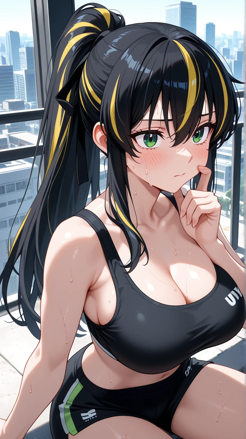 Only a black girl, purple hair. Green eyes. Slender, athletic and elegant build. Yellow tank top, black latex pants, a denim jacket. She completed her outfit with yellow sneakers.amazing stunningly beautiful, most beautiful women ever. Big , nsfw, big ass