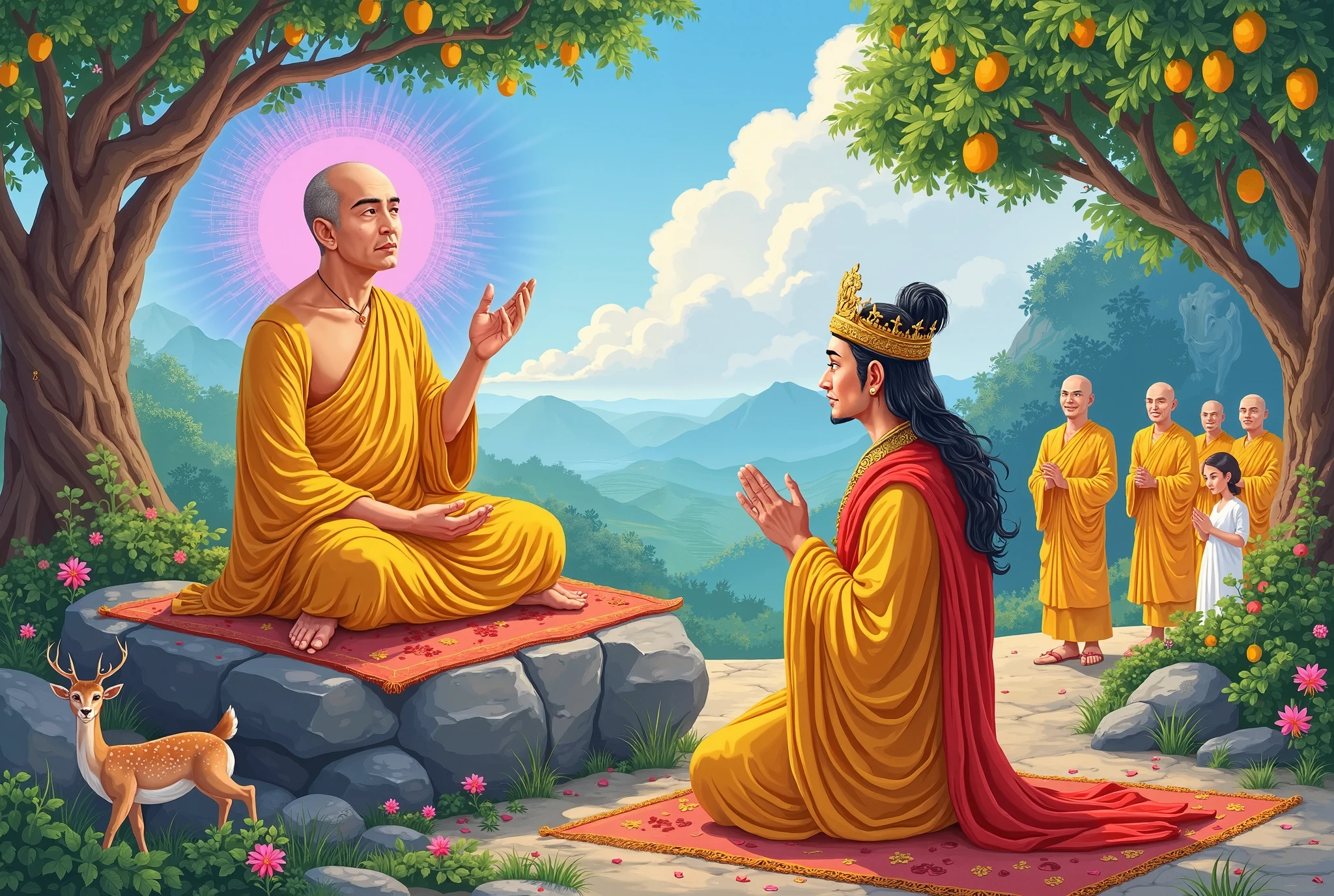 a monk in prayer at a small forest shrine with incense and statue of buddha, detailed illustration