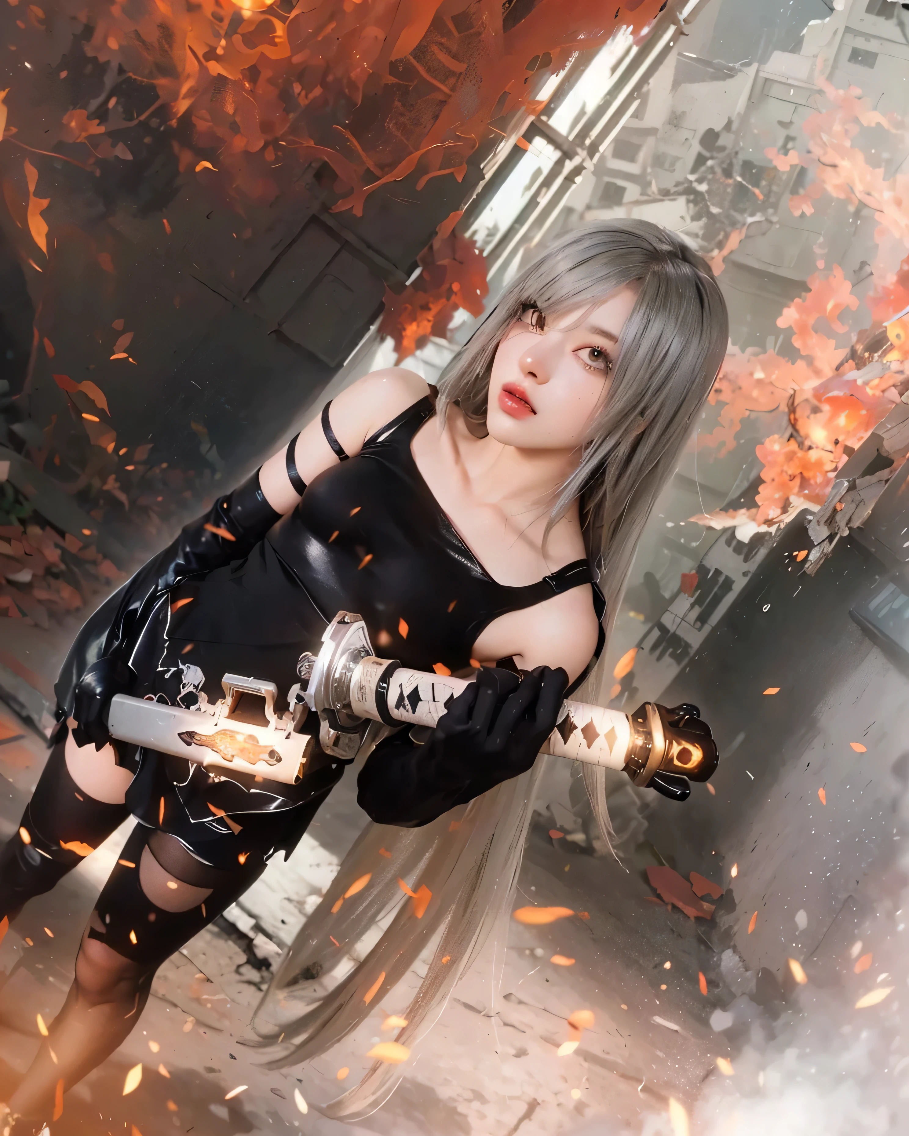 1girl, japanische Kleidung, Pferdeschwanz ,white hair, lila Augen, Magischer Kreis, blaues Feuer, blaue Flammen, Hintergrund, Landschaft, Blut, Blut splatter, depth of field, Nacht, leichte Teilchen, Lichtstrahlen, Seitenlicht, Schenkel, Schicksal \(Serie\), Genshin Impact, ****, Offene Jacke, Rock, Thigh stockings, Wolke