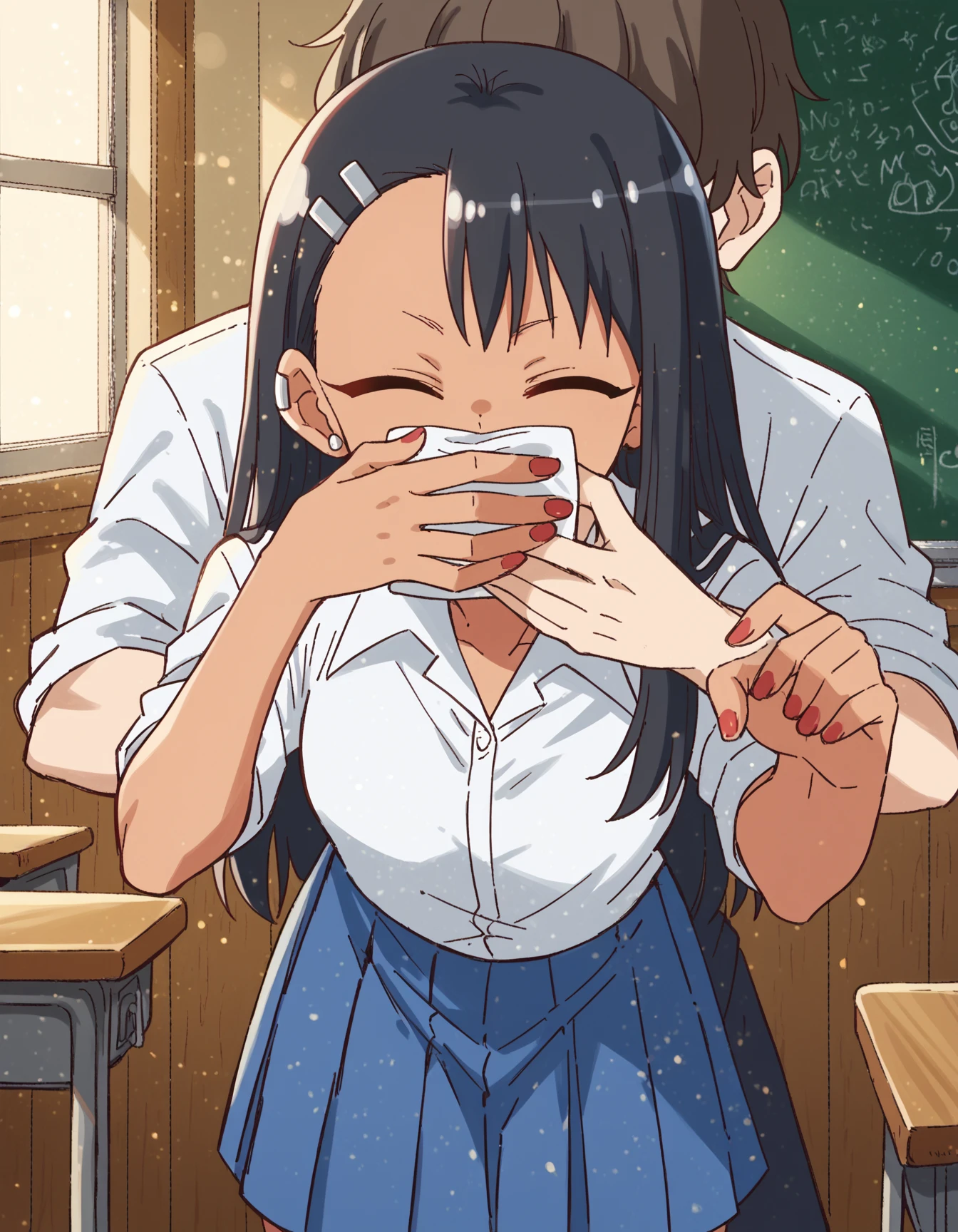 (masterpiece, best quality), 1girl, sitting, wariza, (from above:1.2), (close-up face:1), (cum on face, cum in mouth,cum:1.2), hands on face, cupping hands, hands up, (covered mouth:1.2),finger in mouth BREAK girl, ogasawara_haruka_soundeuphonium, low twintails, brown_eyes, yellow_eyes, black_hair, ultra detailed eyes, (closed eyes:1), saliva, heavy breathing, blush, steam,sweat,half-closed eyes, sleepy,open mouth, BREAK school uniform, (white collared shirt:1), long sleeves, green neck ribbon, BREAK classroom