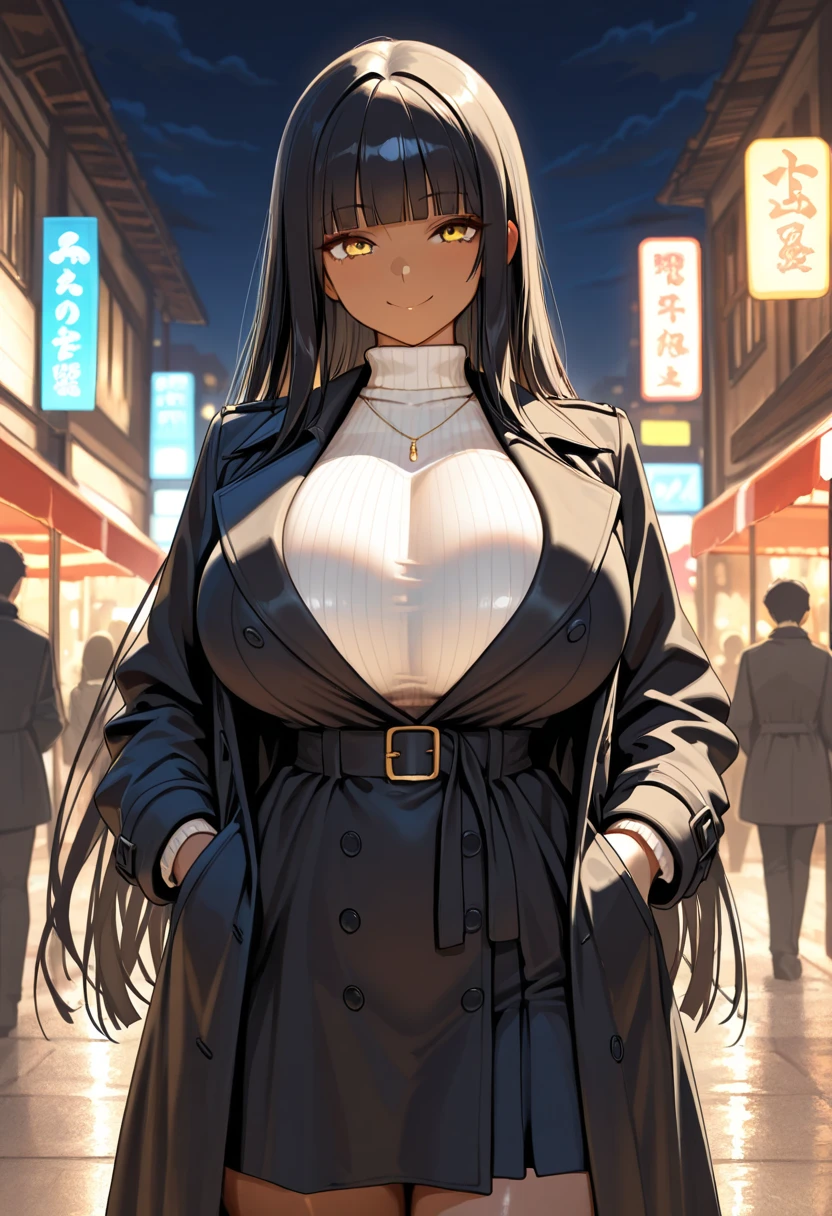 1girl,solo,long hair,black hair color,light purple eye color,white mask,White coat,huge breasts,slender,tall person,looking at viewer,near,street background
