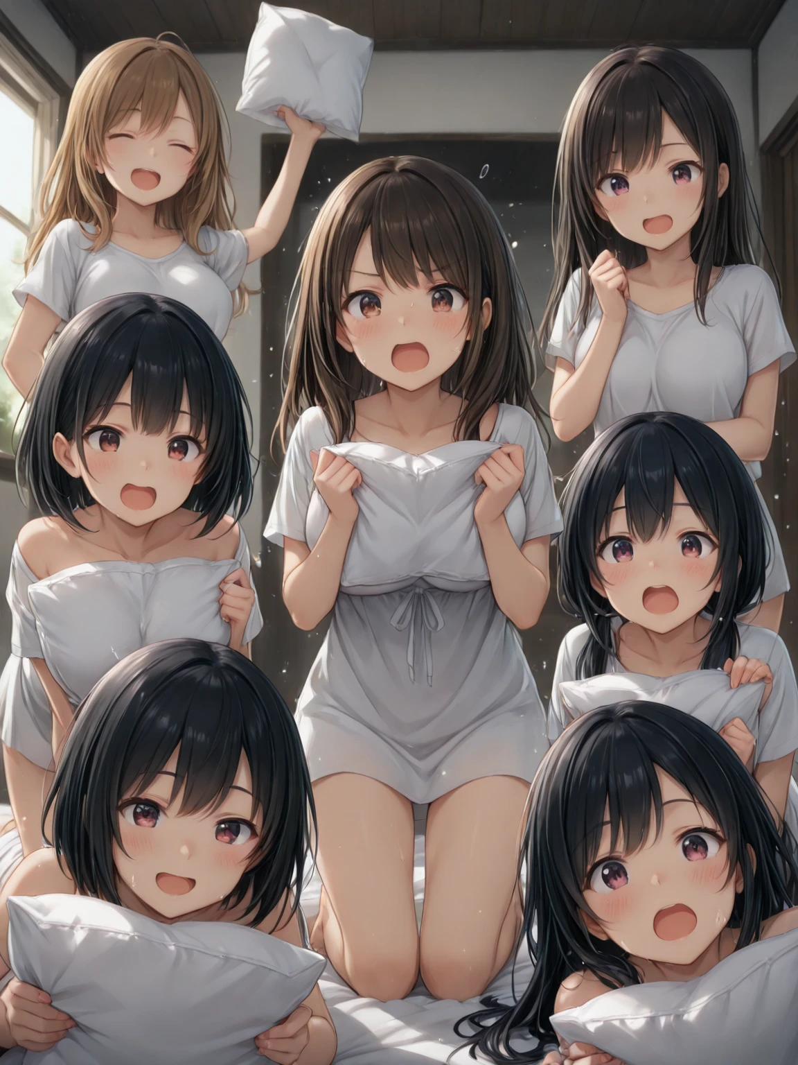A crowd of clone girls wearing sleeveless white underwears, sleeveless White tank top underwear,sleeveless White camisole underwear, White panties underwear,leather shoes and shoulder bags commuting to work,Everyone in the same underwear,multiple clone girls, 20000+ clone girls,masterpiece,high detailed,best quality,All Girls,Wear only white underwear,brown hair,black eyes,long hair,clone girls