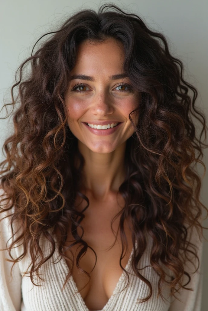 Photo of brunette woman, long curly hair, smiling, young