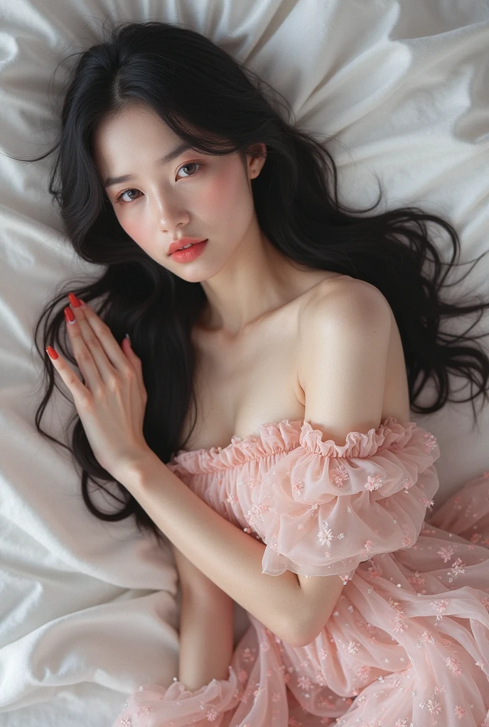 Romantic Rosette Dresses 2, Robber Girl,Red lips,Mature Woman,assembly, Liu Fei, ((Cowboy Shot)), (Highest quality, masterpiece:1.2), Very detailed, (Realistic:1.37), beautiful, young, Attractive model (Fine grain, Detailed lips, extremely Fine grain), Lying in bed, White and floral, show a bright smile, The body is slim, Long legs, Producing a breathtaking depiction of a girl enjoying her sleep, Random Pause,