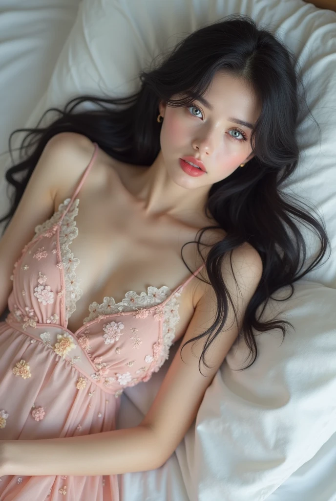 Arapé woman lying on bed wearing pastel colored dress, beautiful south Korean woman, gorgeous young Korean woman, gorgeous chinese model, beautiful young Korean woman, Korean woman, Korean female fashion model, Korean woman, beautiful asian girl, japanese model, pale milky white porcelain skin, attractive pose, Open V Chest Clothes, Posing on bed, beautiful girl model