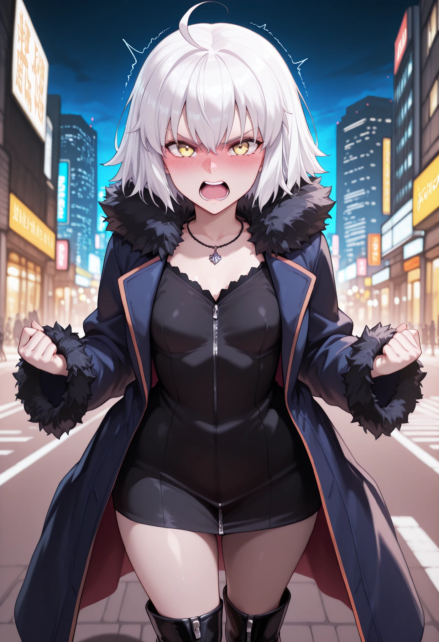 masterpiece, best quality, absurdres, highres, 1girl, solo, jalter_shinjuku, enfant, small breasts, yellow eyes, white hair, ahoge, short hair, black dress, fur-trimmed sleeves, fur trim, necklace, short dress, full-lenght zipper, fur collar, blue coat, fur-trimmed coat, long sleeves, black footwear,knee boots, high heel boots, standing, cowboy shot, frown, shaking, angry, blushing, opened mouth,  screaming, looking at viewer,cityscape, night, on street, AgeRegression, oversized coat, oversized dress, oversized boots,