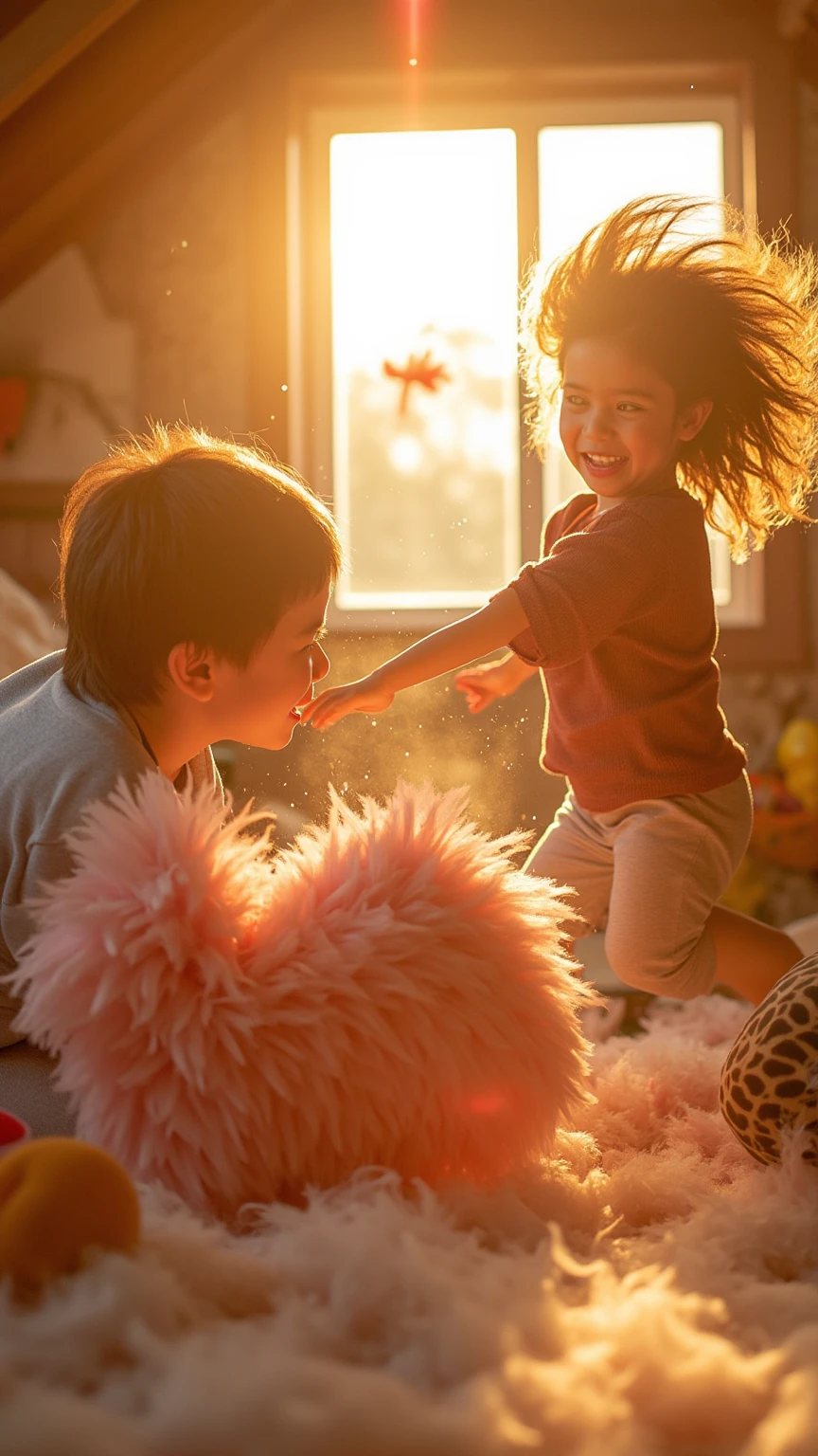 A girl and a boy in their home unplugging a charger , opening curtains to let in lively light