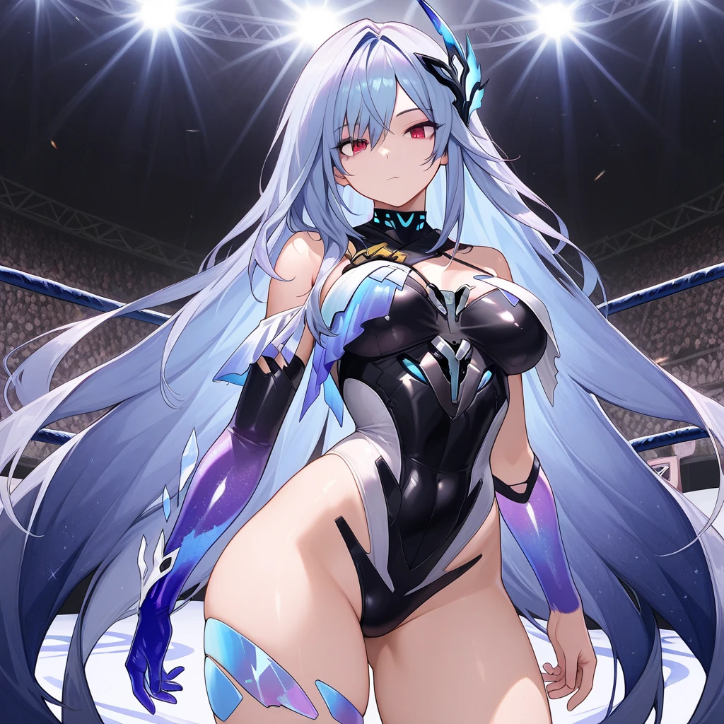 One Woman、Grey Hair、long hair、Hair between the eyes、Grey Eyes、Ahoge、Big Breasts、((leotard、Figure Skating Uniforms、High leg))、Smiling、Watching the audience、Upper Body、skating rink、Skating rink、Angle from below、