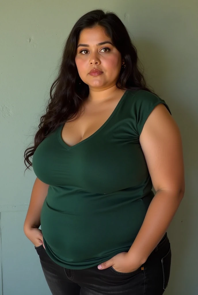 ((best quality)), ((masterpiece)), (detailed), perfect face, araffe woman in a long dark green shirt and 1/3 white denim skirt walking in black room , thicc,  wavy  short hair , she has a jiggly fat round belly, bbwchan, wearing tight simple clothes, skinny waist and thick hips, widest hips, her belly is fat and round, soft curvy shape, hyperrealistic full figure, wearing a cute top, wide hips, wearing 10 bracelet , wearing huge diamond necklace , slightly fat cheeks , glasses 