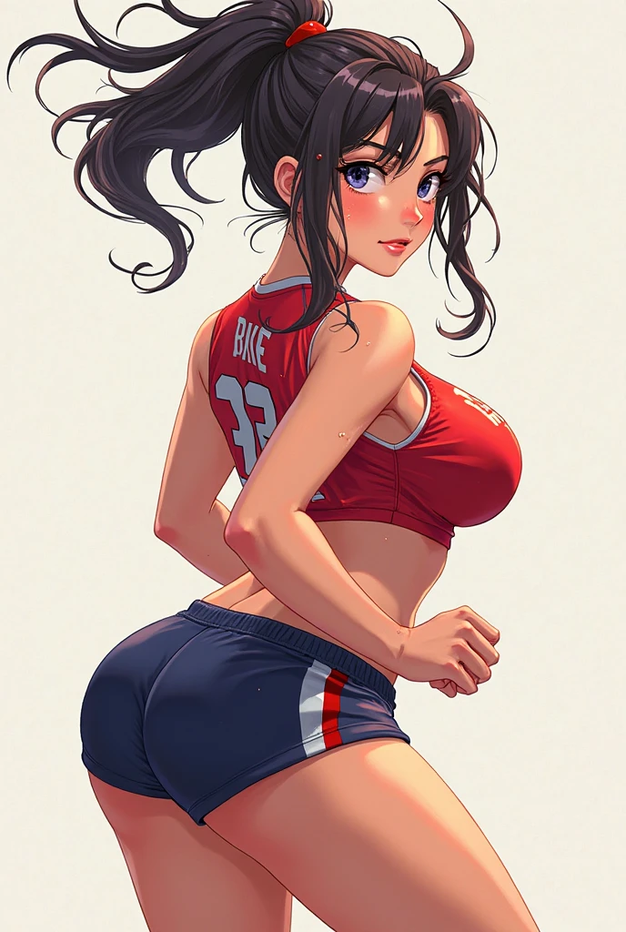 garota, magrelo, pequeno, Shy, bunda grande, volleyball shorts, volleyball shirt, dynamic pose, Quente, soft or colored lips, fundo simples, perfect hands, anatomia perfeita, Inclina 