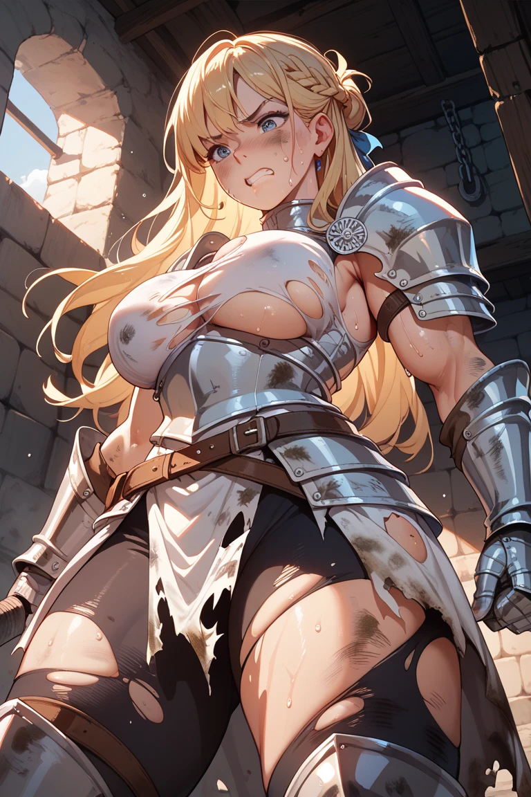 LeinaQuiron woman, breasts, blush, blue eyes, blonde hair, large breasts, cleavage, braid, hairband, armor, twin braids, side braid, short hair with long locks, buckle, shield BREAK (masterpiece, best quality:1.3), 4k, ultra-detailed, trending in pixiv, intricate details, detailed background, detailed eyes, BREAK (in the castle, outdoors:1.4), BREAK 1girl, solo, (cowboy shot, arm up, waving at viewer, looking at viewer, smile, :d, blush:1.3), (contrast, light particles:1.2), (shiny skin:1.3)