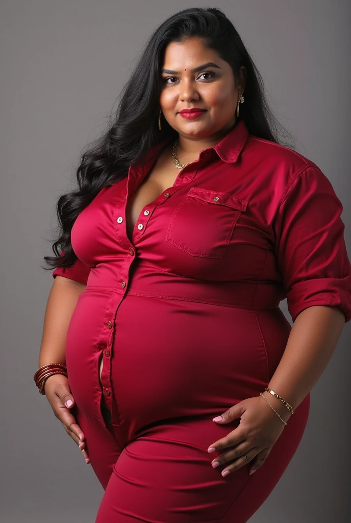 She is a south asian stocky curvy thick butter body PAWG in the age of 25. She has side-swept super long frizzy curly hair. wearing a tight long-sleeved red square neck scantier saree with deep cleavage. She has protruding belly curves. She has super wide childbearing hips. She has juicy large spicy booty. Her short legs are Bulging.