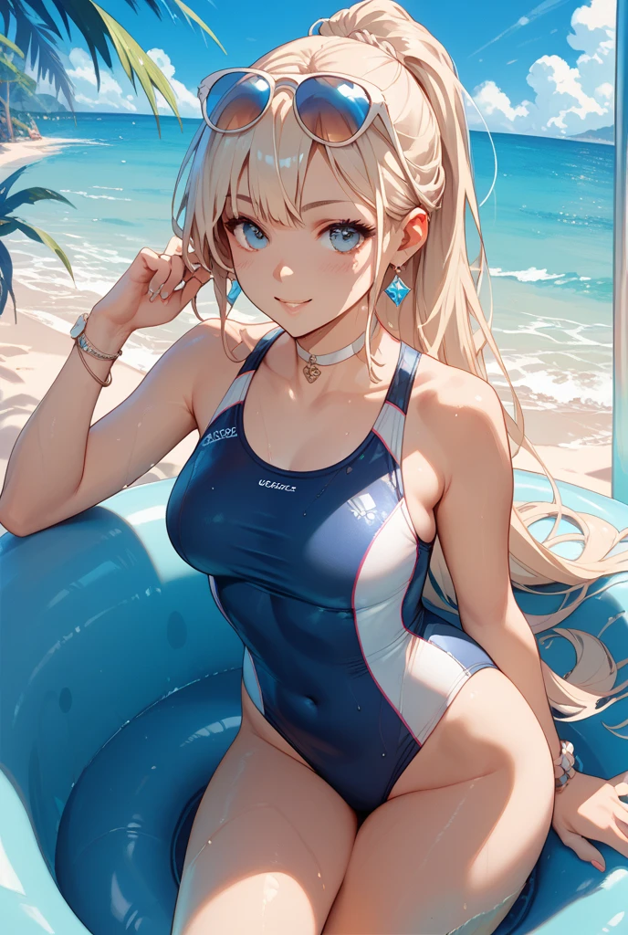 Big tits, masterpiece, best quality, highres, 1girl, Tsubasa Nanase, solo, swimsuit, (((black_one-piece_swimsuit, breasts))), navel, outdoors, tongue, armpits, tongue_out, beach, large_breasts, slingshot_swimsuit, long_hair, blush, areola_slip, day, sitting, wet, ocean, ahegao, sky, thighs, water, blue_eyes, arms_up, open_mouth, spread_legs, blue_sky, bangs, (one-piece_swimsuit), cloud, arms_behind_head, collarbone