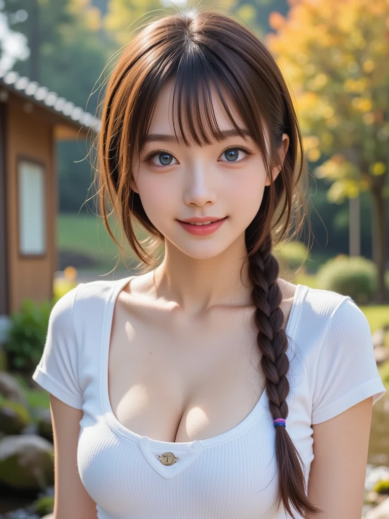 masterpiece、Highest quality, Ultra-high resolution、8k,photograph、1 girl, (Skin dents), (Large Breasts:1.5), bright, Blurred Background, (Flower Hair Ornaments,Braided top knot,Twisted Side Part Ponytail Braided Headband,Half Up、Braided Space Van,Voluminous fishtail braid,Twisted pan),(Asymmetrical bangs)、(Cashmere cardigan)、(Loose chest)、(Sunburn marks on chest)、(Deep cleavage)、(soft, drooping udder)、Micro Bikini、Voluptuous thighs、(The best smile that makes people happy)、(Her big, round, upturned eyes are super cute)、Autumn Plateau、Soft sunlight