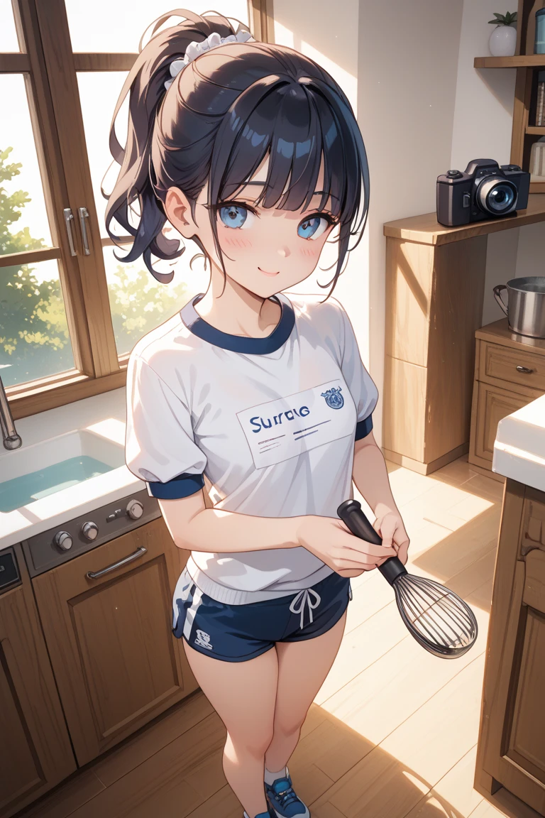 Girl wears football team shirt, knife in hand, She holds a kitchen knife in her right hand, the blade glinting under dim overhead lighting. In the background, a discarded football jersey lies crumpled on the floor, with torn fabric and stains.