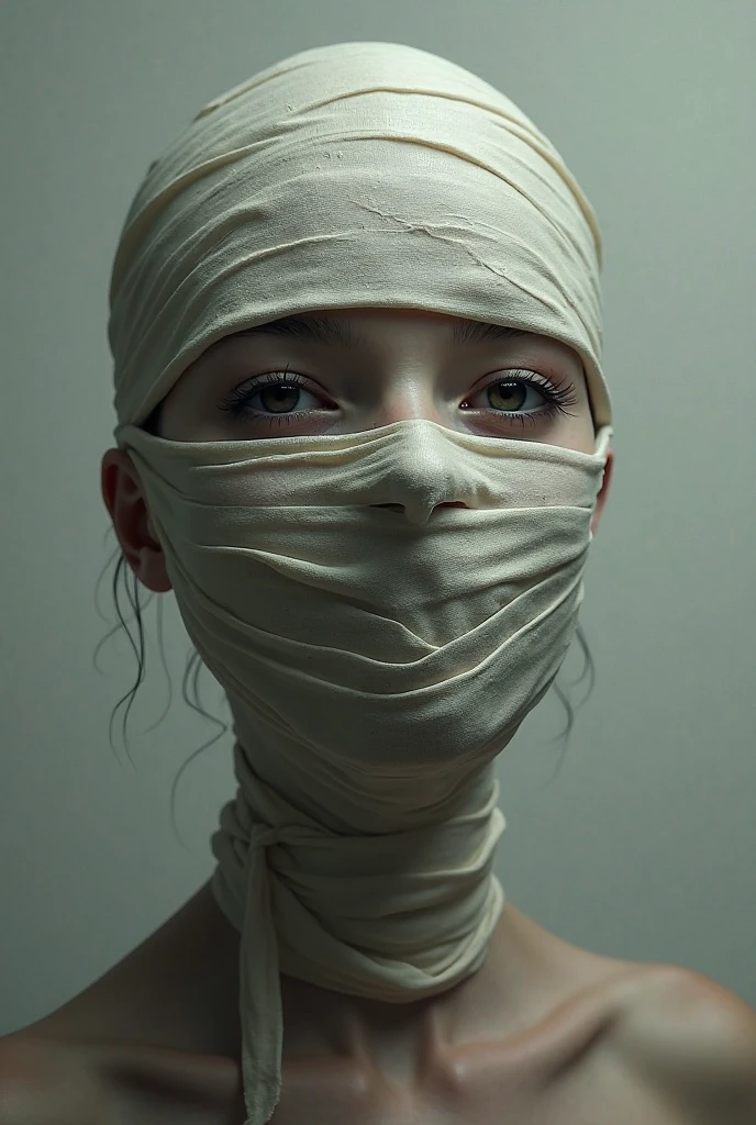 ing from the ceiling, dim lighting, dark atmosphere, oil painting style, vibrant colors, intense emotion. (best quality, highres, ultra-detailed, realistic:1.2), spiderweb, trapped, delicate facial features, fear in her eyes. half body visible,(gagged:1.4),