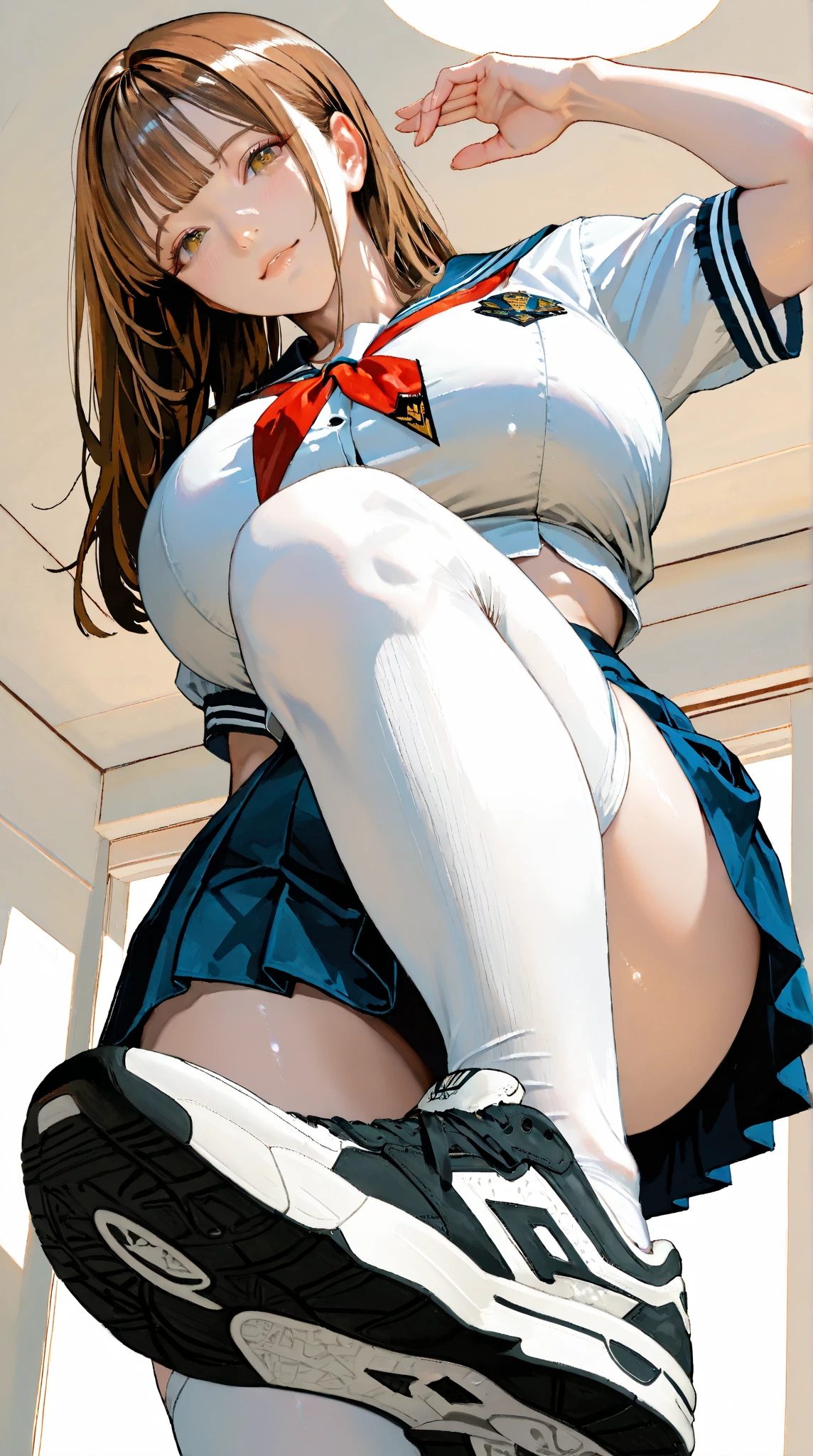 alone, TS1, White shirt, Blue Vest, No sleeve, Blue knee socks, Blue Skirt, West Cape, Wrist cuff, Leg Ribbon, Neck ribbon, abdomen, chest, (Browsing Caution:1.3), whole body,Move the tick part to the side、Big breast beauty(Tall Woman, Slim figure, 張りのあるchest)、Estruating from behind、Squat、Girl straddling guys(Cowgirl)、Penis in vagina(The glans reaches the uterus)Inserted(SEX)、in the middle、 Dripping from the vagina、Showing vagina、Thin pubic hair、Open your jacket、chest見せる、Nipples erect、Dripping saliva、Red cheeks、Dementia smile、close your eyes、A close-up look at thighs from a low angle、Ahegao、Cowboy Shot、Front facing,Realistic photos、、NSFW、、Front tucked up、From below、orgasm、