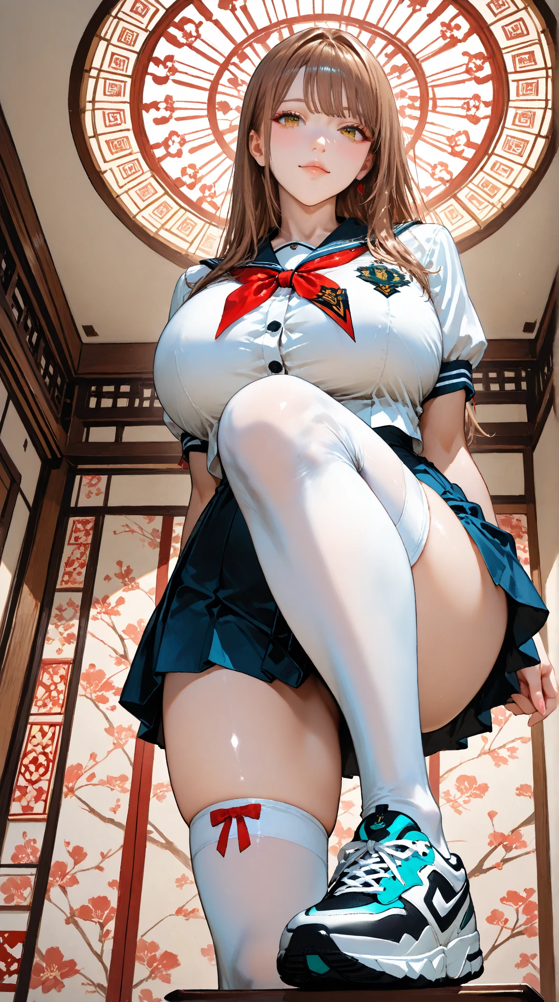 Realistic, masterpiece, Highest quality, Perfect Anatomy, (Detailed eyes), 1 high school girl, Navy blue , Huge breasts, Sweat, ponytail, Earrings, Pelvic Curtain, (Wide Hips), A shy smile, Embarrassing, Standing Split, Lift your legs,Leg lift,Standing on one leg, Short skirt, White panties, Exposed panties, classroom