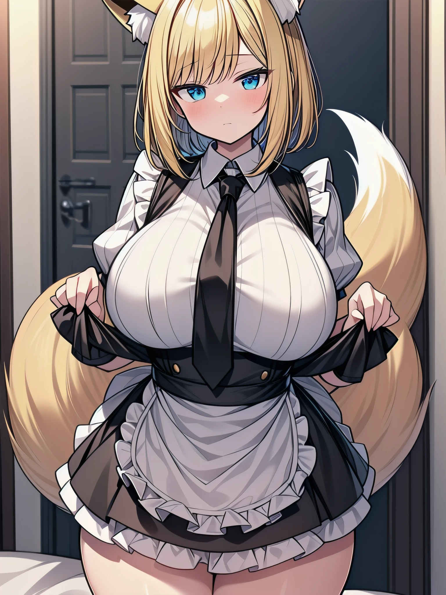 (masterpiece), best quality, 1girl, huge breasts, cleavage, (white fur:1.2), furry girl, rabbit girl, (blonde hair:1.2), blunt bangs, full bangs, rabbit ears, blue eyes, animal_ears, (maid outfit:1.2), sleeveless, looking at viewer, standing, indoors,