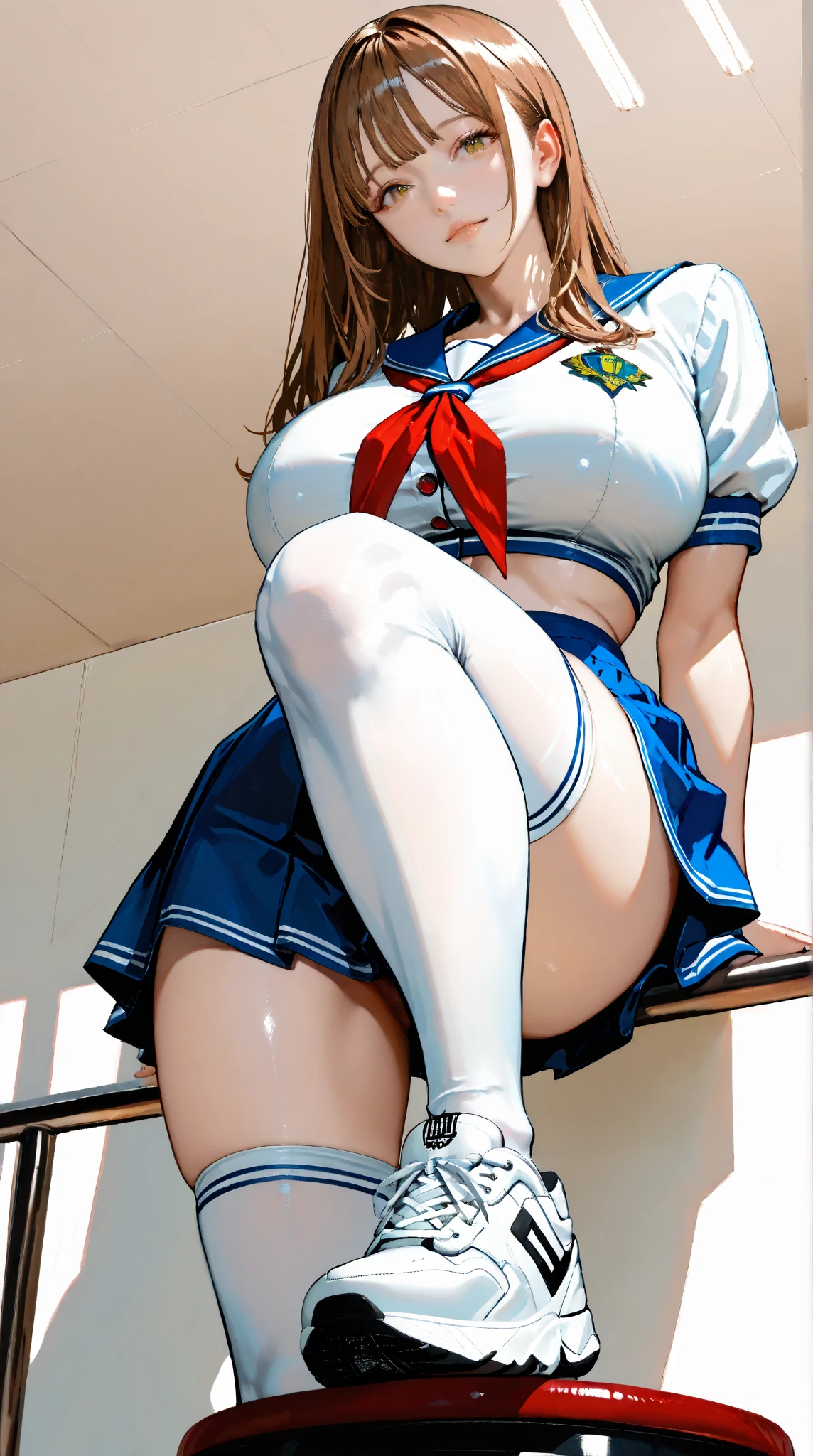 Realistic, Masterpiece, best Quality, perfect anatomy, (Detailed Eyes), One High School Girl, Navy blue school uniform, Huge breast, Sweat, ponytail, earrings, pelvis curtain, (wide hips), shy smile, embarrassed, standing split, leg up,leg lift,standing on one leg, Short skirts, White panties, Exposed panties, Classroom