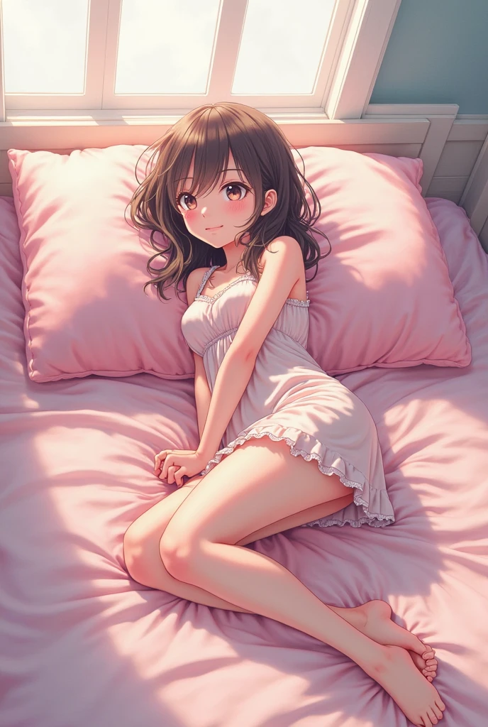 An anime girl on her back in bed holding her skirt