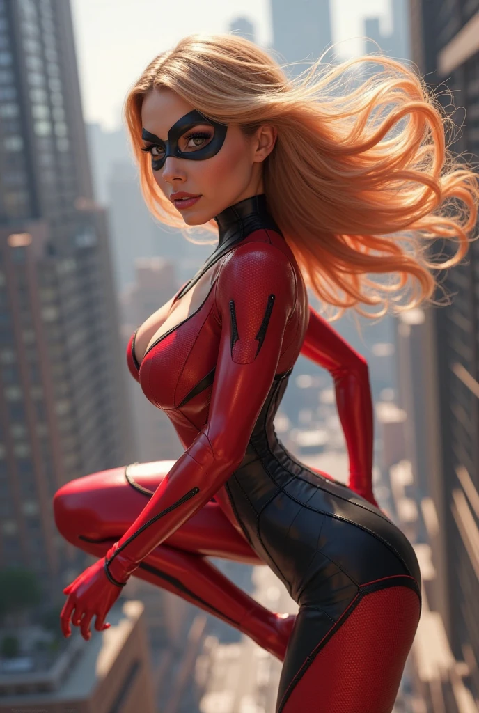(((((best quality)))), Linda superheroine wearing red mask. Estilo Marvel. Street scenery of the tropical city. Cinematic lighting. fotorrealista. hiper-realista. High definition. high resolution. 8k. octano.