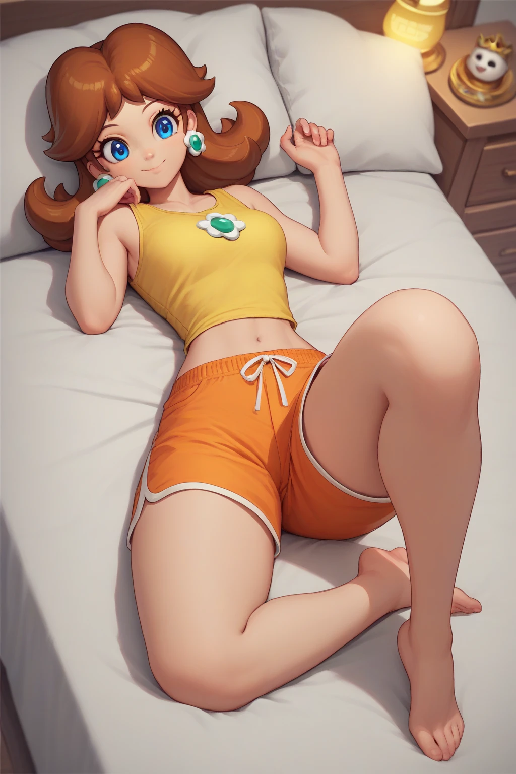 Sleeping Girl, 20 years old, Realistic,Dragon Ball Cosplay Goku,Open legs, Expressions of satisfaction and relief, Brown hair. Pink bed theme and some cute stuffed animals on the bed,An ultra-high picture quality,high-detail,Get up,