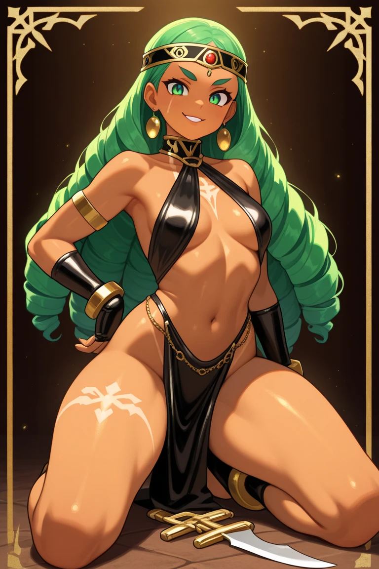 lum, , superhero costume, urusei yatsura, cloak, pants, pullover, kimono,martial pov,, pantyhose, sharpteeth, standing,smile, matial art, sword holding