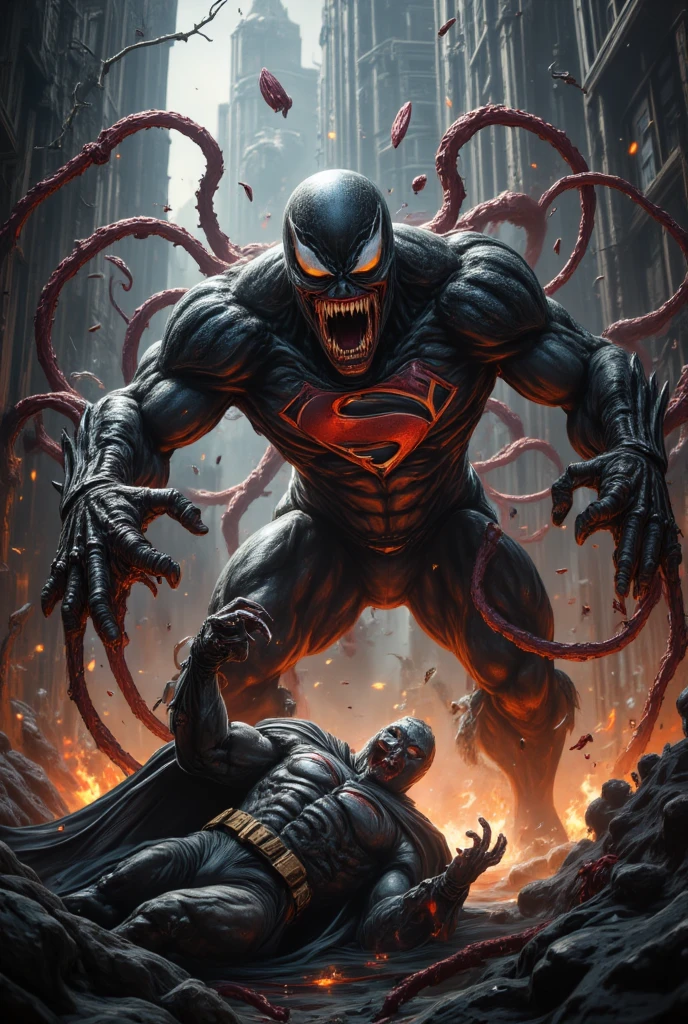 "Cyborg Satan possessed by the sinister Venom symbiote, creating a terrifying and horrifying villain in the world of DC comics."