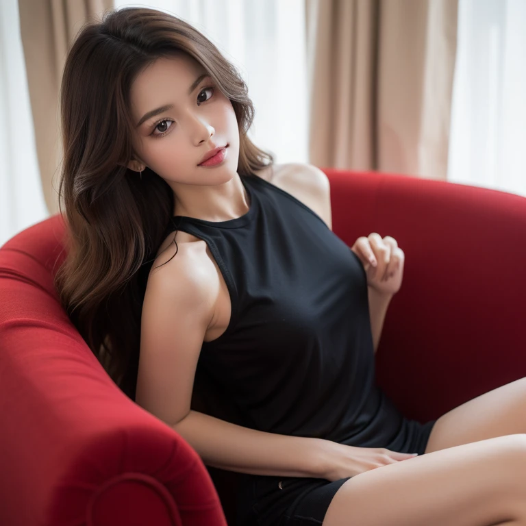((Realistic lighting, Best quality, 8K, Masterpiece: 1.3)), ((flat chest)), camisole,,Clear focus: 1.2, 1girl, Perfect Figure: 1.4, ((Dark brown hair)), (bodycon dress: 1.4), beach, Super fine face, Fine eyes, Double eyelids, (half body), bedroom