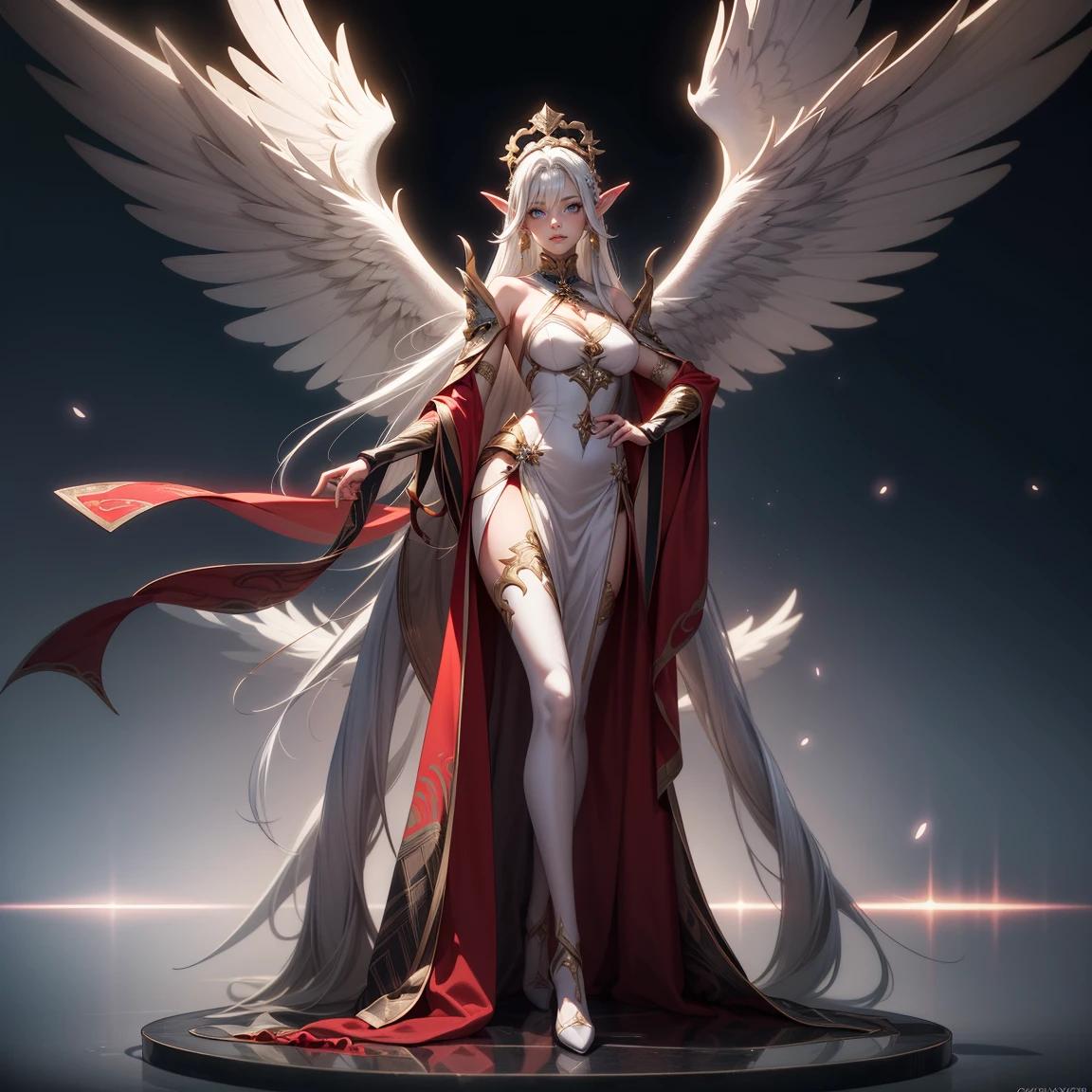 ((colorful dress, colorful theme, clothing, red theme, Very bright colors, Light particles)), symmetry, portrait, full body shot, accurate, 16k, highres, best quality, award winning, super detail, anatomically correct, masterpiece, retina, UHD, Ombre, Smile, Cleavage, Pure, High heels, Laces, Glitter, No bra, Offshoulder, Highly detailed facial and skin textures, Detailed eyes, Choker, Full body photoshoot, Full body, Far view, Full body in view, High heels in view, Attractive legs, Sexy legs, Tall legs, Slim figure, Dressed, (photorealistic: 1.4, clear: 1.2, perfect body: 1.4, beauty: 1.4, slim abdomen: 1.2, big breasts: 1.2, fit: 1.5, full-body shot: 1.4, random hairstyles: 1.2),((full body female angel, shining halo over head, extremely bright halo, halo)), 1 angel girl, shining wings, shining halo, exquisite headdress, beautiful female angel, large wings, white hair, white wings, on clouds, golden eyes, beautiful angel, attractive angel, clouds, glowing eyes