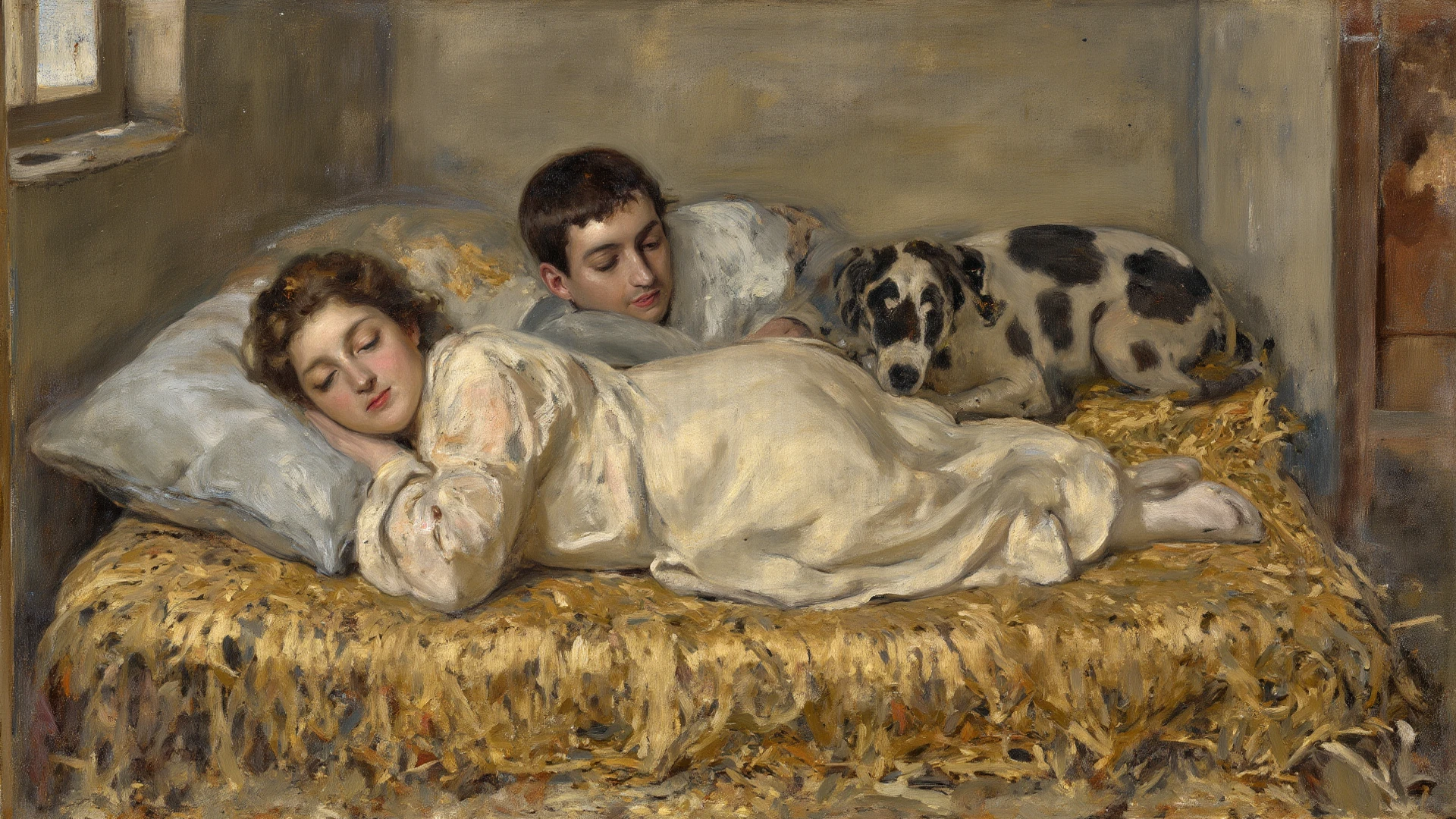 Create a reinterpretation of the painting "Venus of Urbino" by Titian as a man with brown hair with a dog lying near the half-naked man with his penis outside