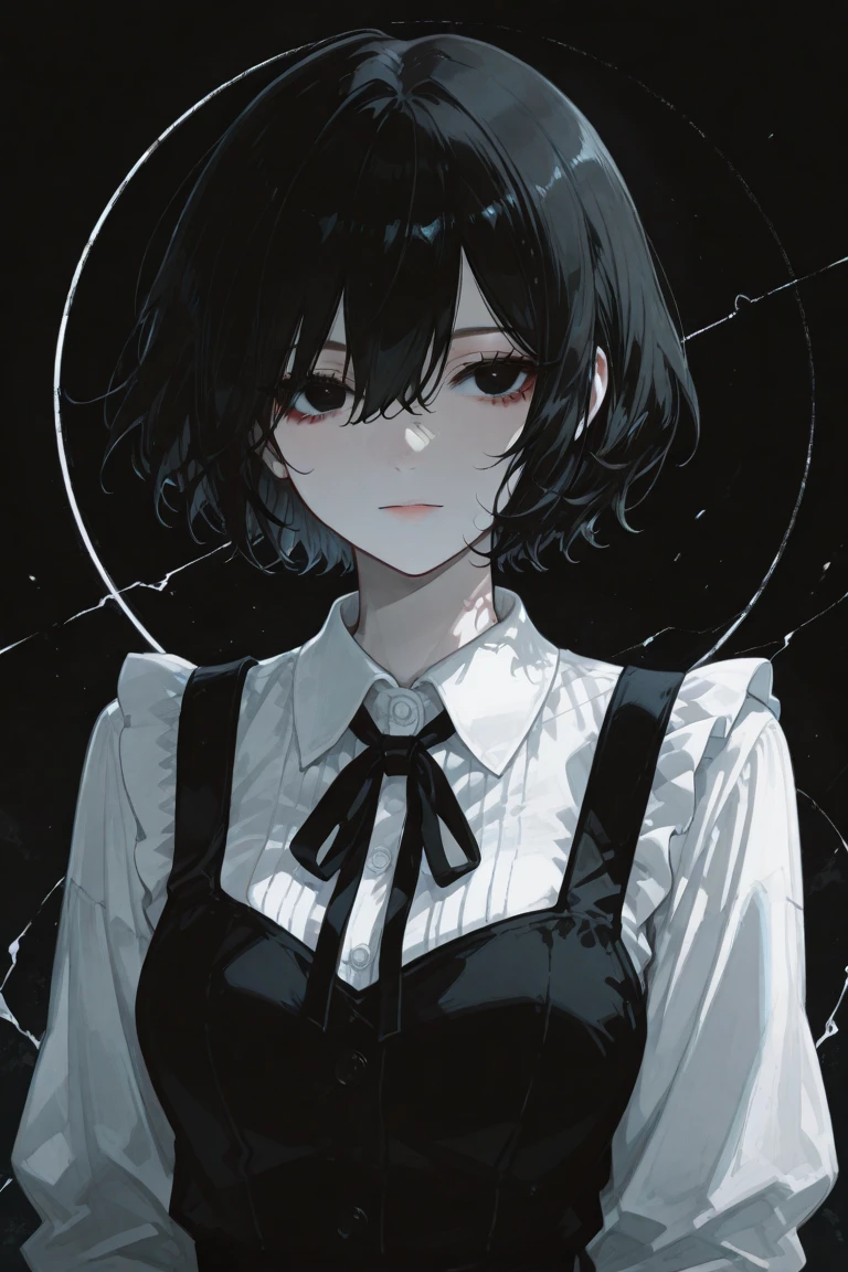 ((masterpiece, best quality)), (1girl), (solo), (female focus), yoru \(chainsaw man\),(very detailed face, real image, realistic white skin, realistic body, intricate details), upper body, focus on face, intimidating look, black pinafore dress, neck ribbon, small breasts