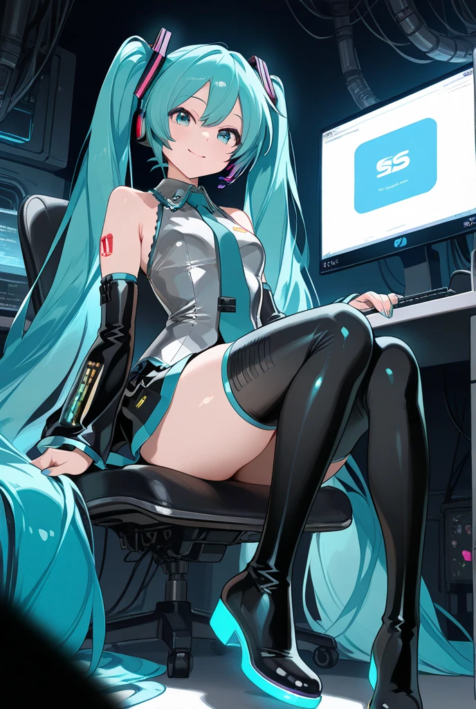 a girl, thin and sexy, does not look back, looking in front and only in front, not at the viewer, pale blue skin, long, loose hair, green, in underwear, with red eyes and yellow pupils, medium breasts, big butt , very big butt with its back to the viewer, with the butt pointing at the viewer, who plays video games on a laptop, with a very annoying and very expressive expression, with a video game controller in his hand, Rebecca from cyberpunk, disgust, angry, very angry, super angry, anime, realism, anime style, from behind, to the reverse, high quality, best quality
