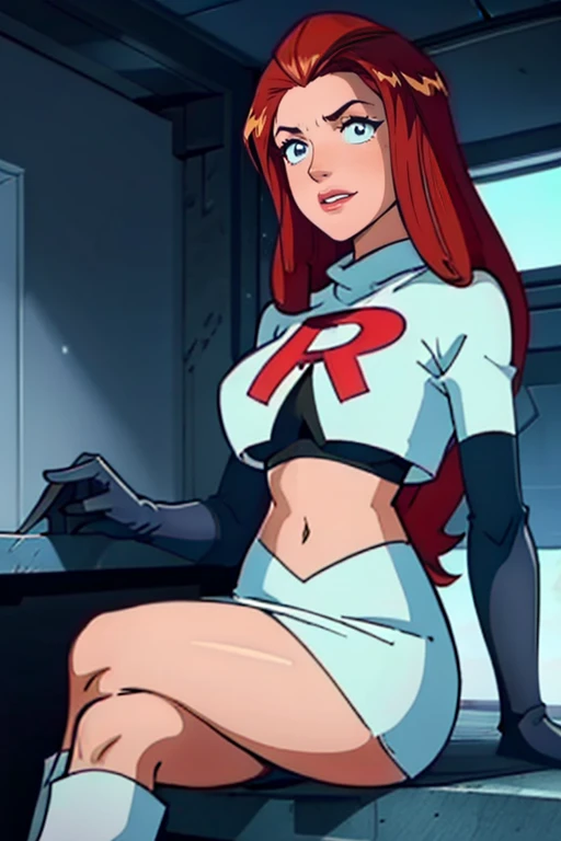 (Rear View, Rear View),(highest quality,High resolution,Very detailed,Actual),Shooting with a digital SLR、high resolution、real photo、realistic、In uniform、⁵Rise Kujikawa (people々) ,Glossy Lips ,White panties、Team Rocket uniform, Red letter R, White Skirt,White crop top,Black thigh-high boots, Black elbow gloves, Wicked Smile, Looking at the audience, Cowboy Shot