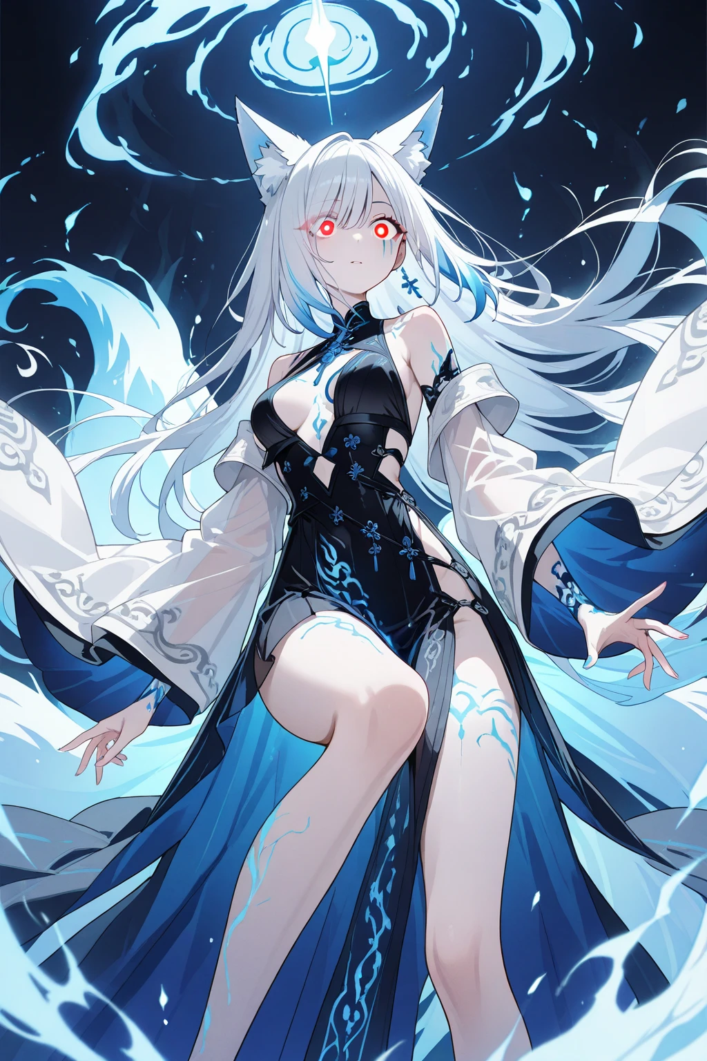 Anime, 1girl with long, silver hair and a fish-like tail. She has a graceful and ethereal appearance, with pale skin and piercing blue eyes. Her body is adorned with intricate, dark markings that resemble scales or tattoos. She often wears a revealing outfit that accentuates her feminine curves.