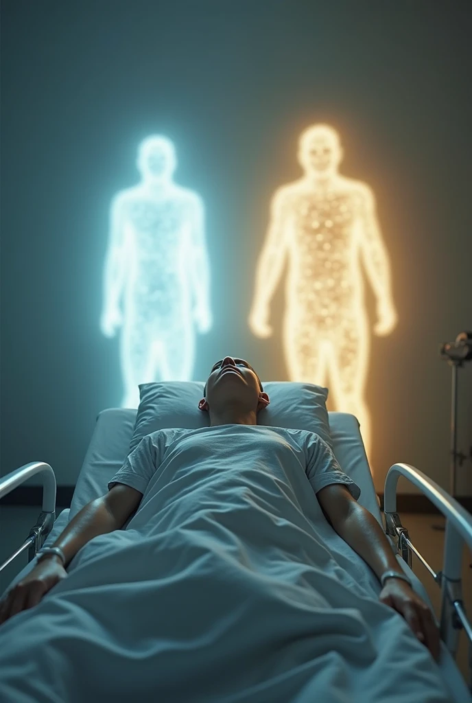 Spirit of man floating in the air, looking down at his physical body lying in a hospital bed.