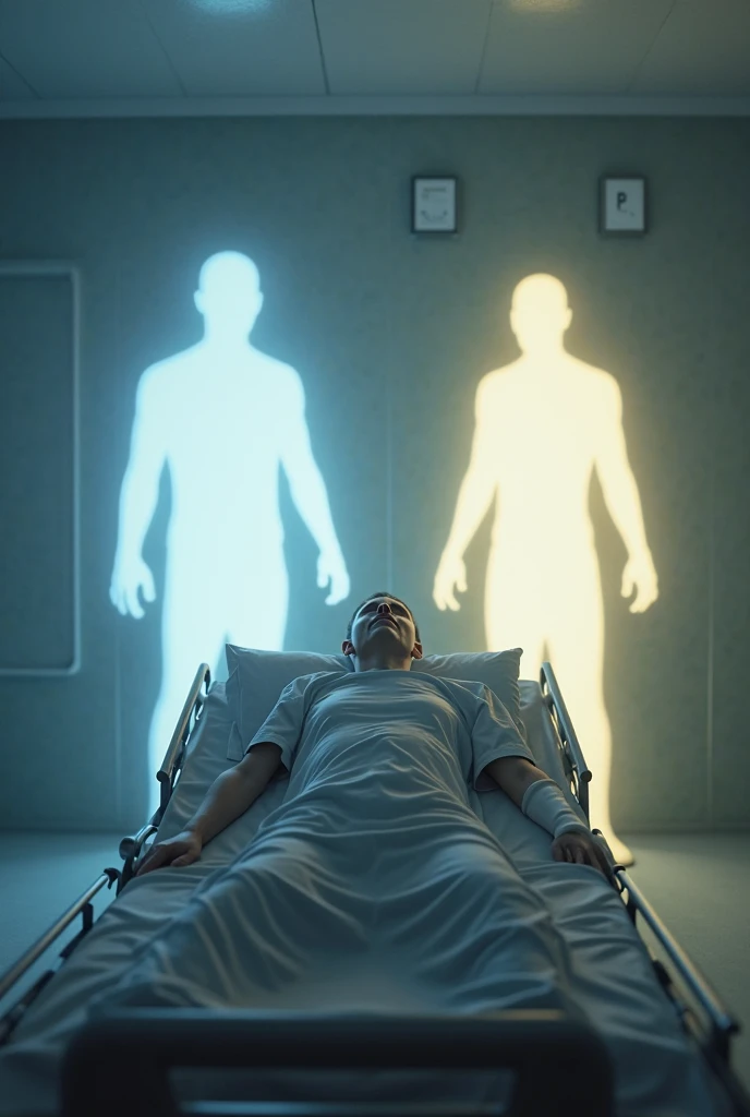 Man with hands emanating white light over the spirit of a man lying in a hospital bed