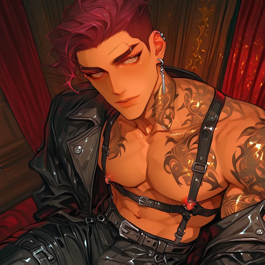 Demon with detailed horns, red eyes, smirk smile, dark brown skin, handsome male, sitting on sofa, muscular body, tattoos on stomach, purple hair, detailed body, detailed hands, bulge in pants, arrogant expression, looking straight, black shirt, nighfall, ear piercings, black sweatpants