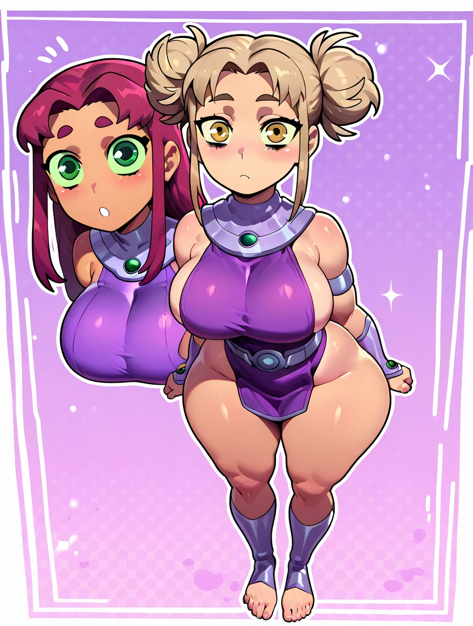 wide hips, thick thighs, leotard, succubus, huge breasts, aroused, purple skin, horns, , abs, sweat, steaming body, cropped legs