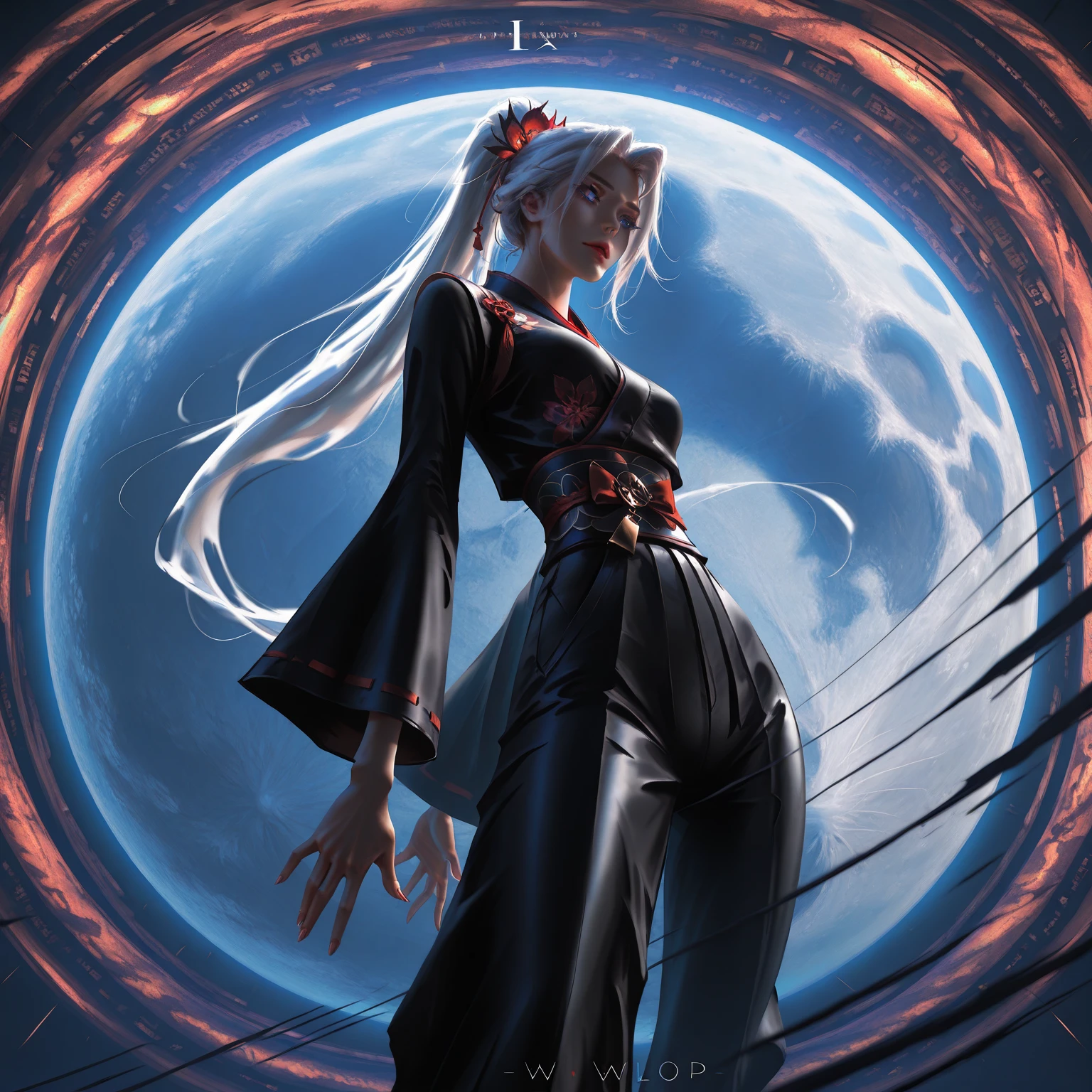 A highly detailed and realistic 1girl with white hair in a ponytail, wearing a red gothic dress, standing in front of a simple gold color background, giving a death stare, with an eclipse background, masterpiece, high quality, HCNONE, pixel art
