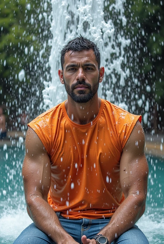A muscular young man with veins popping out. He has a square face., of Iranian origin, and grows a big beard. Her complexion is tanned. He has short, dark shaved hair.. Ses yeux sont verts clairs et il fixe directement l'objectif de manière sexy. He's in yellow swimwear, by a luxurious private pool and do push-ups.
