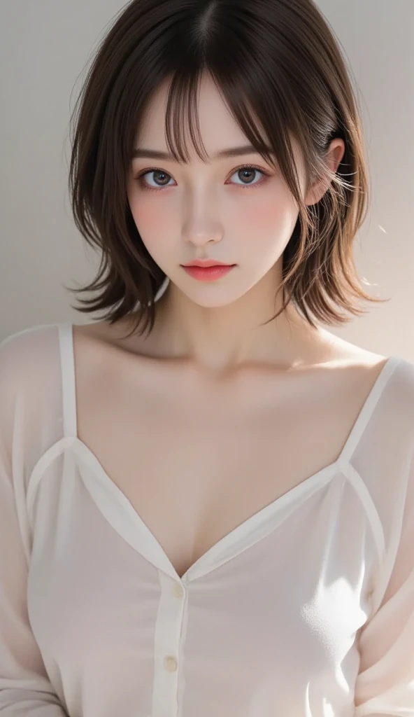 ((Bust up shot:1.6))、One Woman、whole body、Standing front,Beautiful legs、1 photo、((Flat and small breasts:1.7))、((Sensual look:1.8))、((Photo of your ID:1.4))、((Apply beautiful makeup:1.7))、((A pale cherry color for moisturized lips:1.5))、((Girl in white strapless negligee:1.5))、((No underwear:1.5))、Natural Shading、((Watery eyes:1.3))、(K-POPアイドル)、Serene and goddess-like beauty、((Slightly parted lips:1.3))、Natural Shading、((((Beautiful short bob cut brown hair:1.5))))、((Chestnut-haired Japanese woman)))、(Representation of Yin and Yang:1.5)、masterpiece, Highest quality, 8k, high resolution, (Upper Body:1.4), Beautiful girls, Beautiful Face, Looking at the audience, Surreal, High resolution, Sharp focus, High resolution, フェイスLight, Dynamic Lighting, Light, Professional Shadow, Simple Background, (Dull grey background:1.4), Highest detail, Very detailed, Very detailedな, In detail, Real Skin, Delicate facial features, Detailed face and eyes, Sharp pupils、Live Action Idol